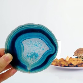 Crystal Coasters Set of 4 Agate Coaster Teal Irregular Dyed 4-5" for Drinks Coffee Wine Bar Glasses with Rubber Bumpers
