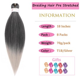 Ombre Silver Braiding Hair Pre stretched 8 Packs 18 Inch Braiding Hair Yaki Texture Pre stretched Hair For Braiding Synthetic Hair Extension Itch Free Hot Water Setting(18", T1B/Silver#)