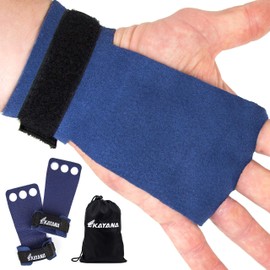 KAYANA 3 Hole Leather Gymnastics Hand Grips - Palm Protection and Wrist Support for Cross Training, Kettlebells, Pull ups, Weightlifting, Chin ups, Workout, & Exercise (Youth Blue, Medium)