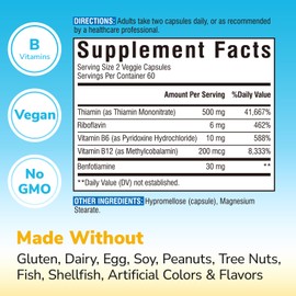Vitalibre Mega Vitamin B1 500 MG, with Highly Bioavailable Benfotiamine, Energy Levels, Glucose Metabolism, Nerve System Brain Heart, Vitamin B12, B6, B2, B1 Vitamin B Complex, Vegan, 120 Capsules