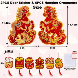 Valauni Chinese New Year Decorations Door Sticker 2026 with Lucky Hanging Ornament Chinese Lunar New Year of The Horse 3D Zodiac Decoration for Home Wall Window Clings Spring Festival Party Decor