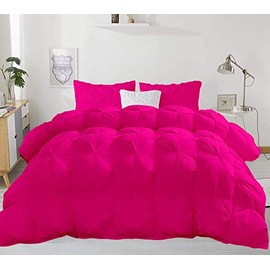 Bedding Kulcha All-Season 600 GSM 3 Pieces Quilted Pinch Pleated Fluffy Comforter Set (Comforter + 2 Pillow Cases) 800 Series 100% Cotton Duvet Insert (Oversized Queen, Hot Pink)