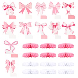 BOXOB 12pcs Pink Bow Honeycomb Centerpieces, Coquette Birthday Decorations 3D Cute Bow Table Toppers Decor for Bachelorette Wedding Bridal Shower Engagement Girls Party Supplies