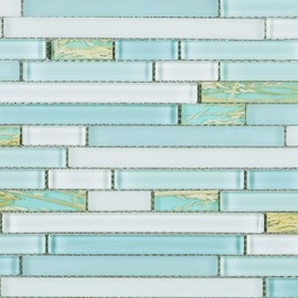 TNLQG-02 Light Blue Green Glass Stripe Floral Mosaic Tile-Kitchen and Bath backsplash Wall Tile (1 Sheet)