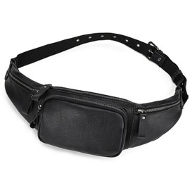 Genuine Leather Slim Waist Pack for Man & Woman, Vintage Design & 4 Zipper Pockets & Adjustable Strap, Large Capacity Fanny Pack Crossbody Belt Bag for Travel or Ride, Black, Vintage