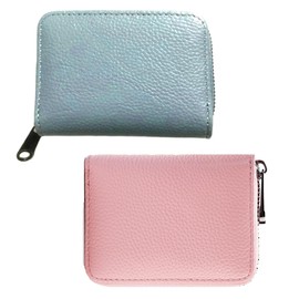 ZKSXOA 2PCS Ladies Purse Wallet, PU Leather Purse with Multiple Card Slots and Compartments, Lady Credit Card Holder with Zipper, for Women ID Compact Slim Blocked Zip Accordian Cards(Pink，Blue)