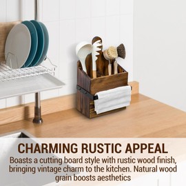 MyGift Rustic Wall Mounted Solid Wood Utensil Holder with Towel Bar – Cutting Board Style Kitchen Organizer Rack for Cooking Tools, Hanging Storage, and Dish Towels