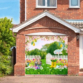 Easter Garage Door Cover 7x8ft Happy Easter Backdrop Spring Easter Garage Door Decorations Easter Bunny Egg Garage Door Banner for Outdoor Indoor Large Easter Garage Door Background Decor