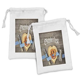 Lunarable Oktoberfest Fabric Pouch Set of 2, Oktoberfest Beer Festival Cutlery Ribbon and Cutting Board on Restaurant Table, Small Drawstring Bag for Toiletries Masks and Favors, 9" x 6", Blue Grey