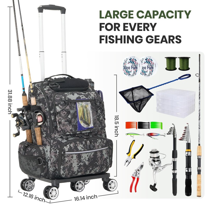 Lansru Rolling Fishing Backpack with Rod Holder, 48L Wheeled Tackle