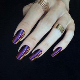 Redykat 30PCS Handmade Chrome Cat Eye Glossy Almond Press On Nails, Purple and Yellow Chrome Salon Quality Nail art, Multicolor Holographic Press on Nails (Sunset Glow)