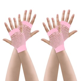 JUNART 2 Pairs of Short Fishnet Gloves,4 Colours Stretchy Fingerless Mesh Gloves for Masquerade, Cosplay, Retro Costume Accessories(Pink)