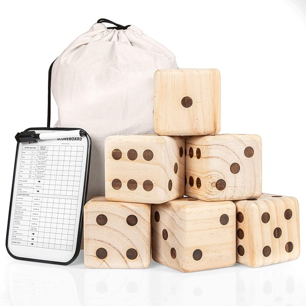 Barcaloo Giant Wooden Yard Dice - Yardzee Outdoor Game Set 3.5 inch- 6 Jumbo Dice, Scoreboard and Durable Carrying Bag - Fun for All Age and Occasion