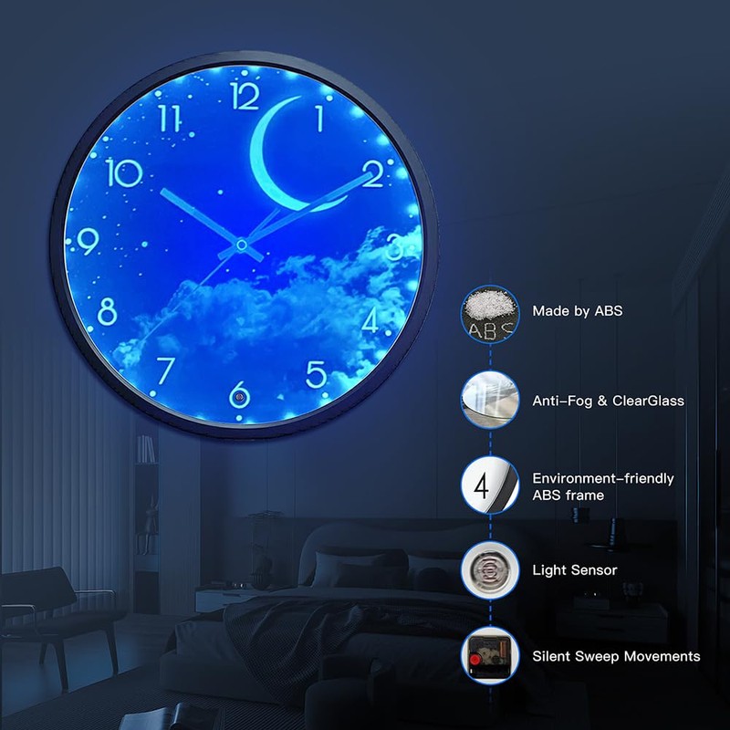 OCEST 12 Inch Night Light Wall Clock, Glow in The