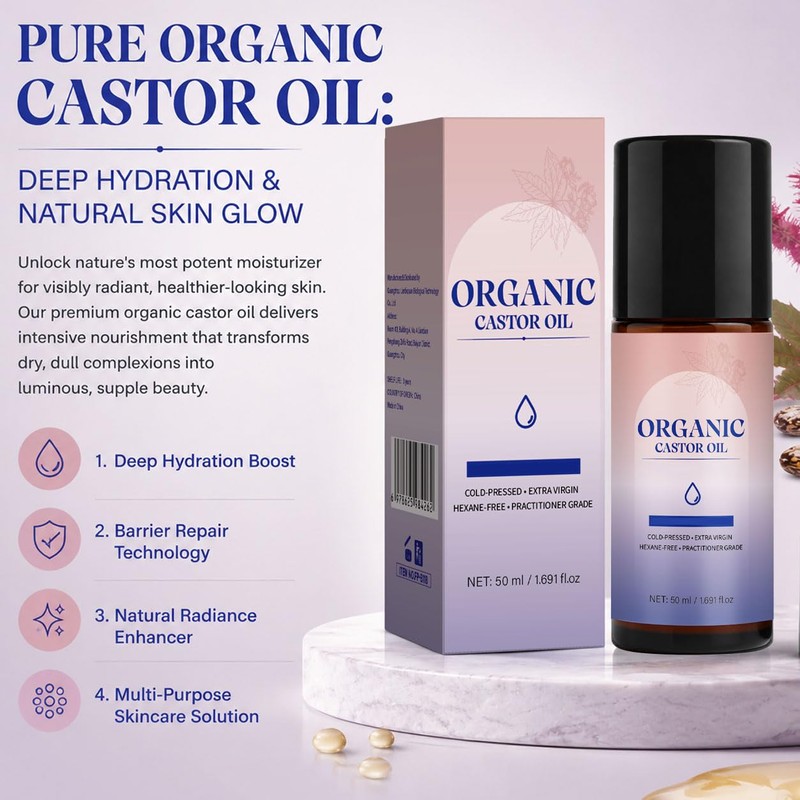 Organic Castor Oil Roll On Cold Pressed for Face,Hair,Brows, 1.7