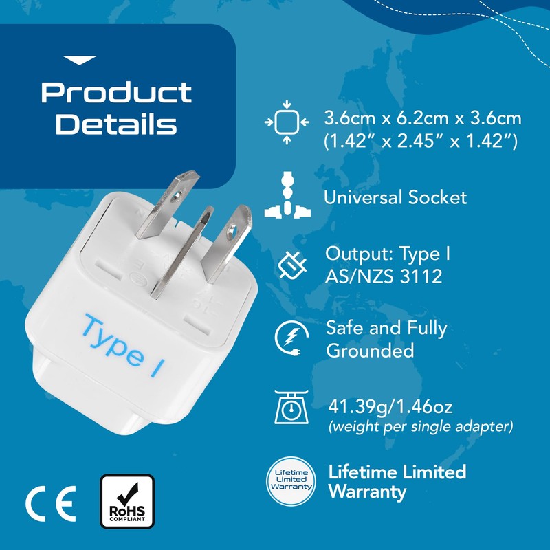Ceptics Australia, China, New Zealand Travel Plug Adapter (Type I)