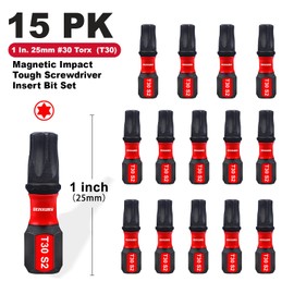 Geinxurn 15 Pieces T30 Impact Tough Magnetic Screwdriver Bit Set, 1 In. #30 Torx Head Insert Bit Set, S2 Alloy Steel T30 Star Bit Set