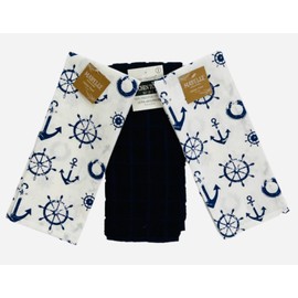 Summer Kitchen Pot Holder Oven Mitt Dish Towel Set: Fun Navy White Nautical Anchor Captains Wheel Design, 5 pc Set (Nautical)