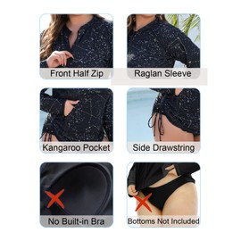 Halcurt Plus Size Rash Guard for Women UPF 50+ Zip Drawstring Ruched Pocket Top, Black/Galaxy, 3X