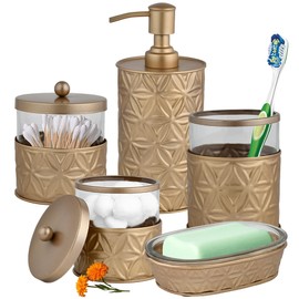 Autumn Alley Gold Bathroom Accessories 5 Piece Champagne Gold Modern Decor - Soap Dispenser, Toothbrush Holder, 2 Apothecary Jars, Soap Holder, Modern Farmhouse Bathroom Gold Décor