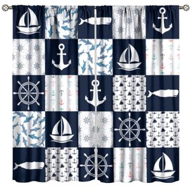 Fblifil Navigation Patchwork Curtain,Nautical Anchor Sailboat Rudder Graffiti Ocean Adventure Navy White Plaids Printed Rod Pocket Window Treatments for Bedroom Living Room 42" W X 45" L