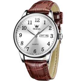 OLEVS Men's Lightweight Leather Wrist Watch, Water Resistant, Analog, Quartz, Brown, Date, Day, Chronograph