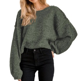 Jumppmile Women's Crewneck Cropped Sweater Long Sleeve Oversized Tops Fall Winter Crop Knit Sweater M Army Green