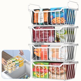 Goovilla Freezer Organizer Bins with Foldable Handle, 4 Pack Stackable Freezer Baskets for 3.5-7 Cu.FT Deep Chest Freezer Organization, White Metal Freezer Storage Bins with Better Space Utilization