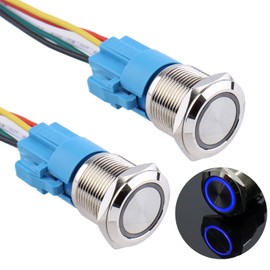 DMWD 2PCS 19MM Momentary Push Button Switch 12V-24V Ring Led 1NO 1NC Self-Reset ON/Off Waterproof Anti-Vandal Metal Shell with Wire Socket (IP66, Blue Led)