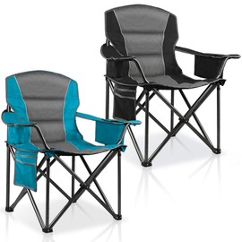 LANMOUNTAIN 2 Pack Padded Oversized Camping Chairs for Adults,Heavy Duty Support 400 Lbs,Folding Portable Lawn Chair w/Cup Holder,Cooler Bag,Side Pocket,Perfect for Outdoor Picnic,Hiking(Blue&Black)