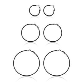 GoldChic Jewellery Stainless Steel / Copper Classic Creole Earrings Exaggerated Geometric Hoop Earrings Classic Simple Hoop Earrings for Women / Girls, Ladies Gold/Silver/Black Hoop Earrings in Large 30/40/50/55/60/70/80/100 mm, Black, set