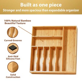 Umilife Large Kitchen Drawer Organizer, 19"x20" Silverware Utensils Organizer, 2.5" High for Large Deep Drawers, Bamboo Flatware Holder with Thick Frames, Sturdy Kitchen Organization Tray