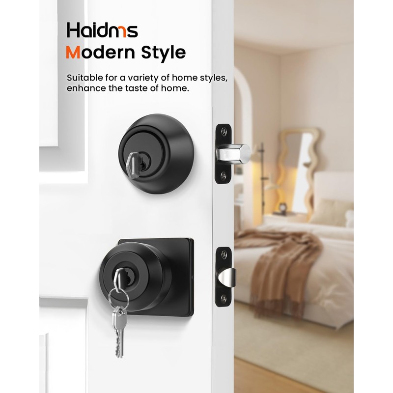 Haidms Entry Black Door Knobs and Deadbolt Combo Set, Keyed