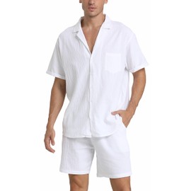 RPOVIG Linen Shirt Short Outfits:Men's Beach 2 Pieces Casual Button-Down Sets