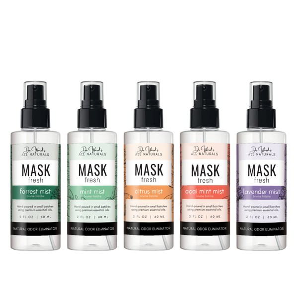 Mask Fresh Mist Organic Deodorizing Mask Sprays - 5-PACK FLIGHT - 2 oz 60 ml ea - with Premium Essential Oils, Cleanse and Refresh – Breathe Naturally – 100% Organic and Vegan
