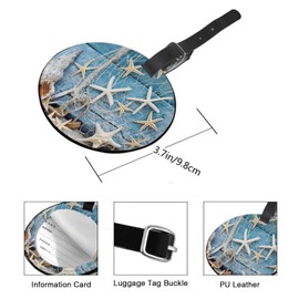 TKS MITLAN Seashells and Fishnet Luggage Tag for Suitcases Women Beach on Blue Wood Seashell Background PU Leather Bag Travel Suitcase ID Identifier Round Baggage Tags (1 Pack)