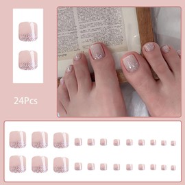 24 Pcs Square Press on Toenails Nude Glitter Fake Toe Nails Spring Summer False Toenails Artificial Toenails with Design Acrylic Toe Press on Nails Glossy Full Cover Glue on Toe Nails for Women