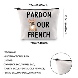 WCGXKO Bulldog Gift Bulldog Lover Gift Dog Owner Gift Pardon Our French Cosmetic Bag Gift Funny French Bulldog Themed Zipper Pouch Makeup Bag (OUR FRENCH Bag)
