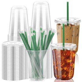 GGOLDMER 50 Set Clear Plastic Cups with Lids and Straws, 16oz Disposable Plastic Iced Coffee Cups with Lids Round Bottom for Coffee, Juice, Cold Drinks, Iced Latte