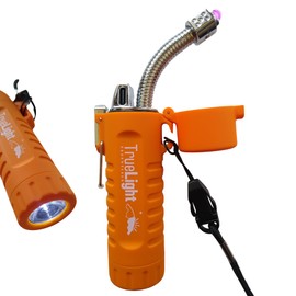 TrueLightEssentials Electric Rechargeable Plasma Lighter - Waterproof USB Arc Lighters with Flashlight LED Battery Indicator and Flexible Neck for Candle Survival Camping Emergency (Orange, Long)