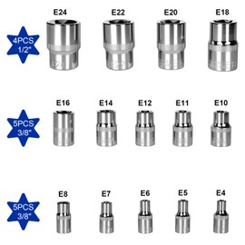 elthmpr Torx Socket Set - 14-Piece Outer Torx Socket Set 1/4 Inch 3/8 Inch 1/2 Inch E4-E24 Made of CR-V