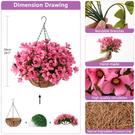 Artificial Fake Hanging Plants Flowers Basket for Outdoor Spring Decoration,Faux Silk Flowers Arrangement for Garden Yard Decor,UV Resistant Realistic Fake Green Plant in Metal Coconut Lining Pot