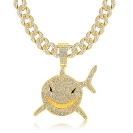 EDINGM Cuban Link Chain for Men, Miami Mens Chain Silver Gold Plated Bling Necklace Diamond Chain for Men Iced Out Chain Hip Hop Jewelry (Gold Chain+Shark Pendant)