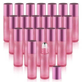 Mirrline 20 Pcs 10ml/0.34oz Frosted Glass Bottle Refillable Roller Bottles with Stainless Steel Roller Balls & Aluminum Screw Caps for Perfume Essential Oil Lip Gloss Travel - Pink