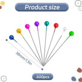 Gaaines 600pcs Multicolor Glass Sewing Pins, 38mm Straight Pins with Color Glass Ball Head, Basic Style for Fabric, Dressmaking, Garment Construction, Alteration, Repair