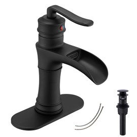 Waterfall Bathroom Faucet GGStudy Black Single Handle One Hole Farmhouse Matte Black Bathroom Vanity Faucet Basin Mixter Tap Deck Mount with Drain Assembly