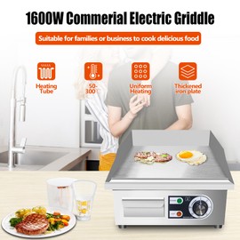 ExGizmo 14" Commercial Electric Griddle,Electric Countertop Flat Top Griddle,110V 1500W Electric Flat Top Grill,Non-Stick Restaurant Teppanyaki Stainless Steel Grill,Adjustable Temperature Control