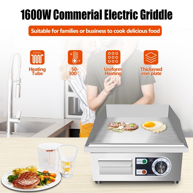 ExGizmo 14" Commercial Electric Griddle,Electric Countertop Flat Top Griddle,110V 1500W