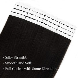 Vlasy Tape in Hair Extensions Human Hair 22 Inch Natural Black Invisible Straight Seamless Skin Weft Mini Tape Extensions Real Human Hair 1B# 16 Pcs