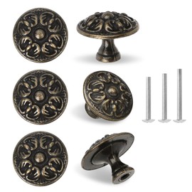 ShipeeKin 6 x Retro Antique 30 mm Furniture Knobs Drawer Handles Castle Blossom Pattern Bronze Knobs Vintage Brass Pull Handles for Cupboard Dressers Kitchen